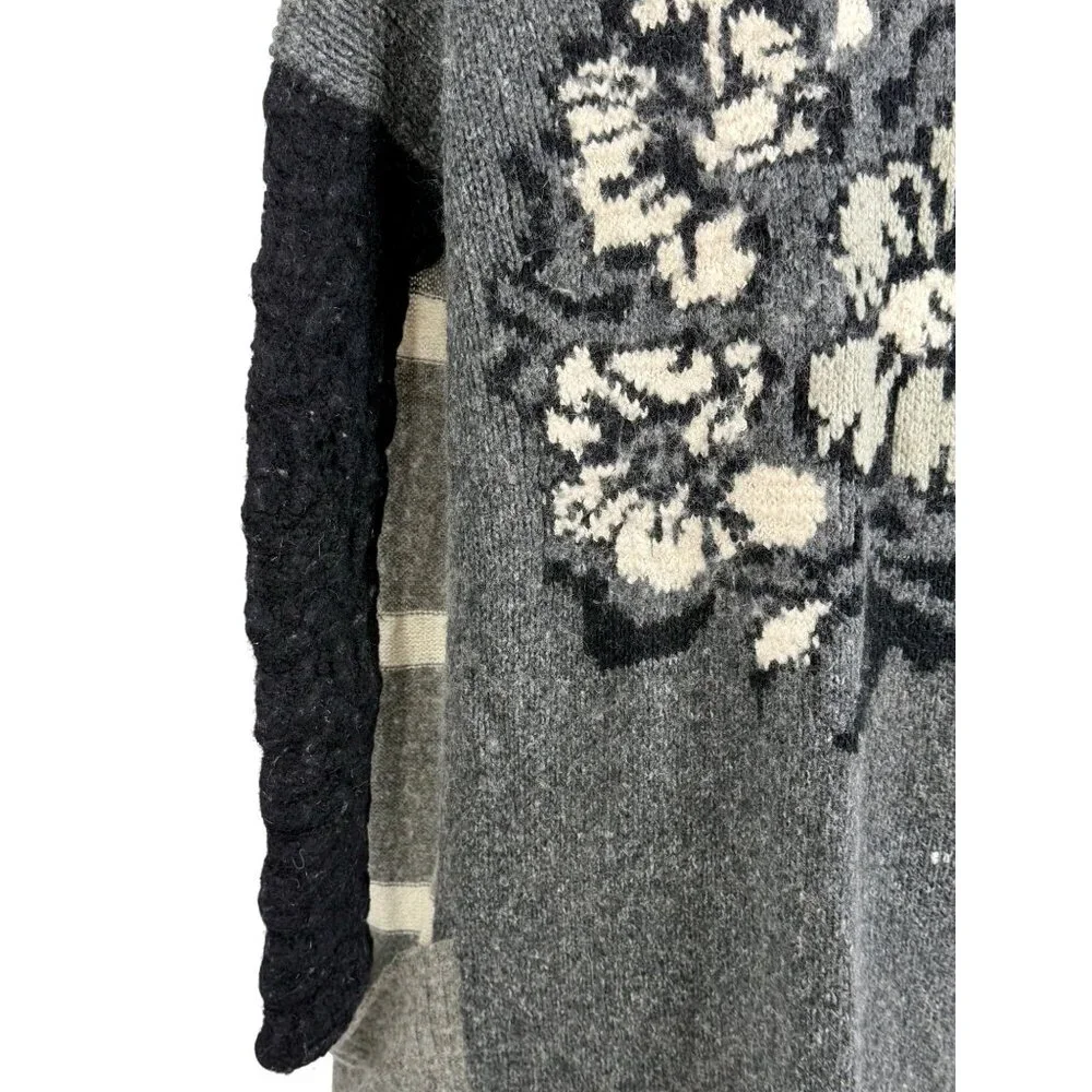 Free People Black Gray Striped Floral Knit Long Cardigan S | Boho Grunge Fairy - Picture 11 of 16